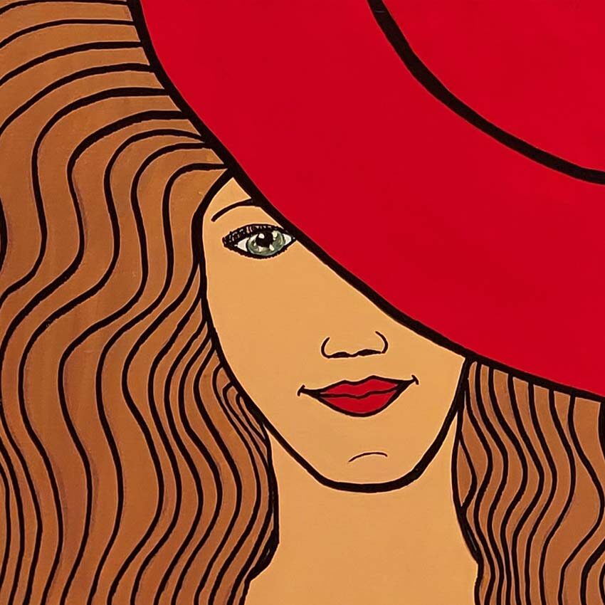 Graphical painting of girl behind hat on canvas